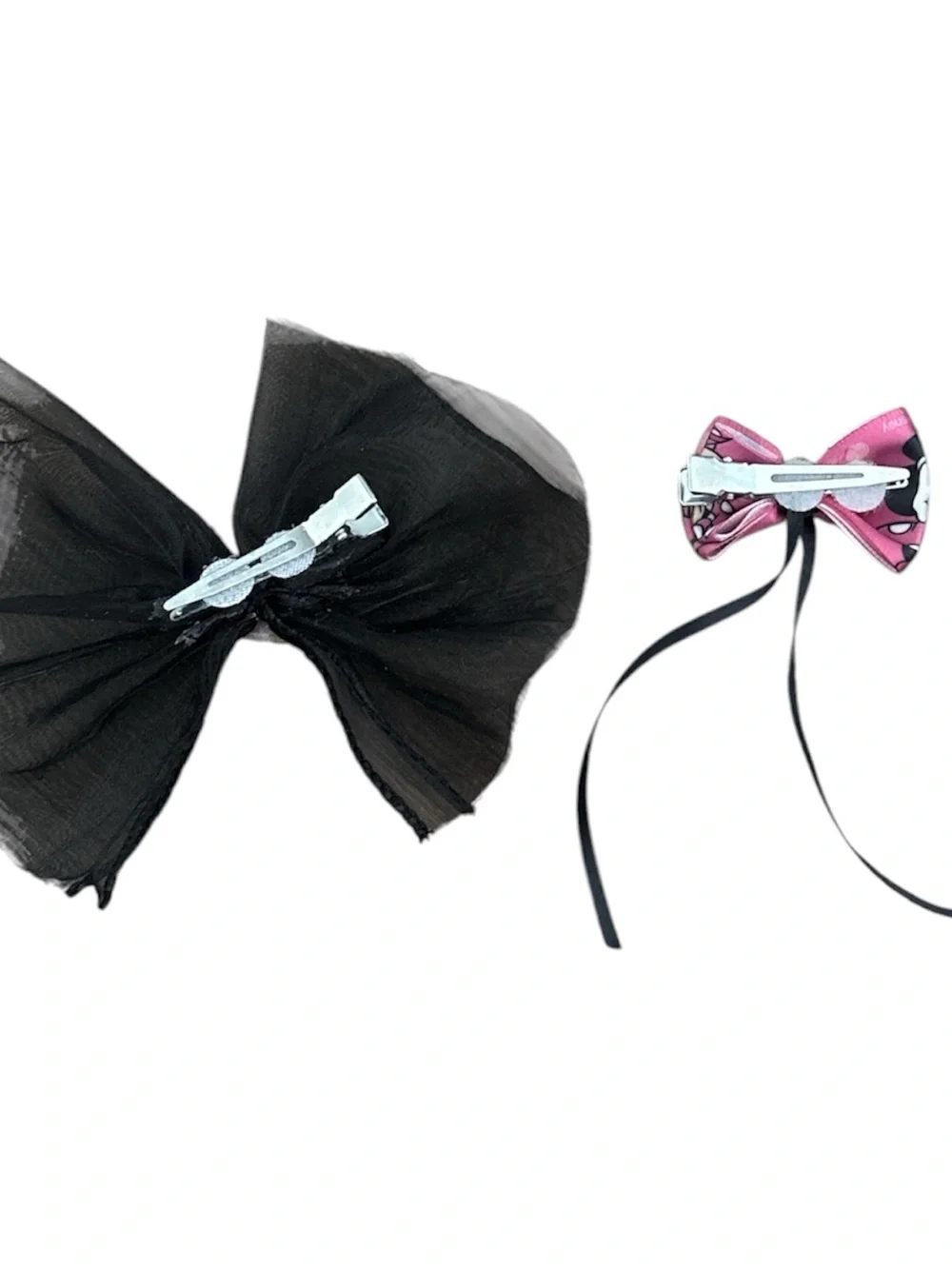 Black Organza Hair Bow with Pink Floral Accent - Kids Hair Accessory